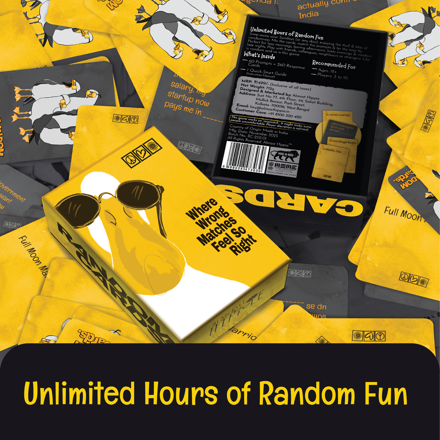 Almost Hippie Random Cards scattered gameplay cards and box, unlimited fun adult party game for friends, families and group gatherings