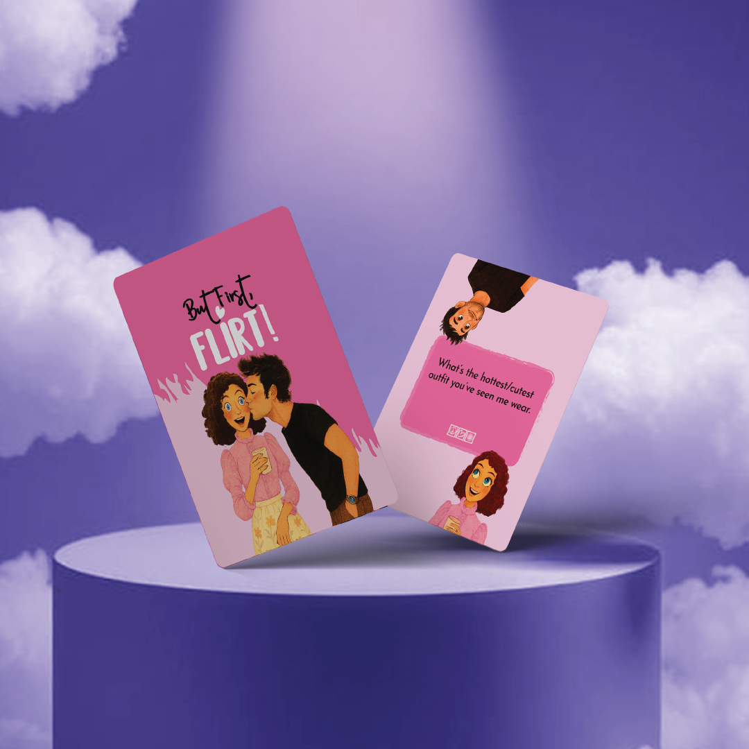 Two pink question cards with cartoon characters on a blue platform with cloud background