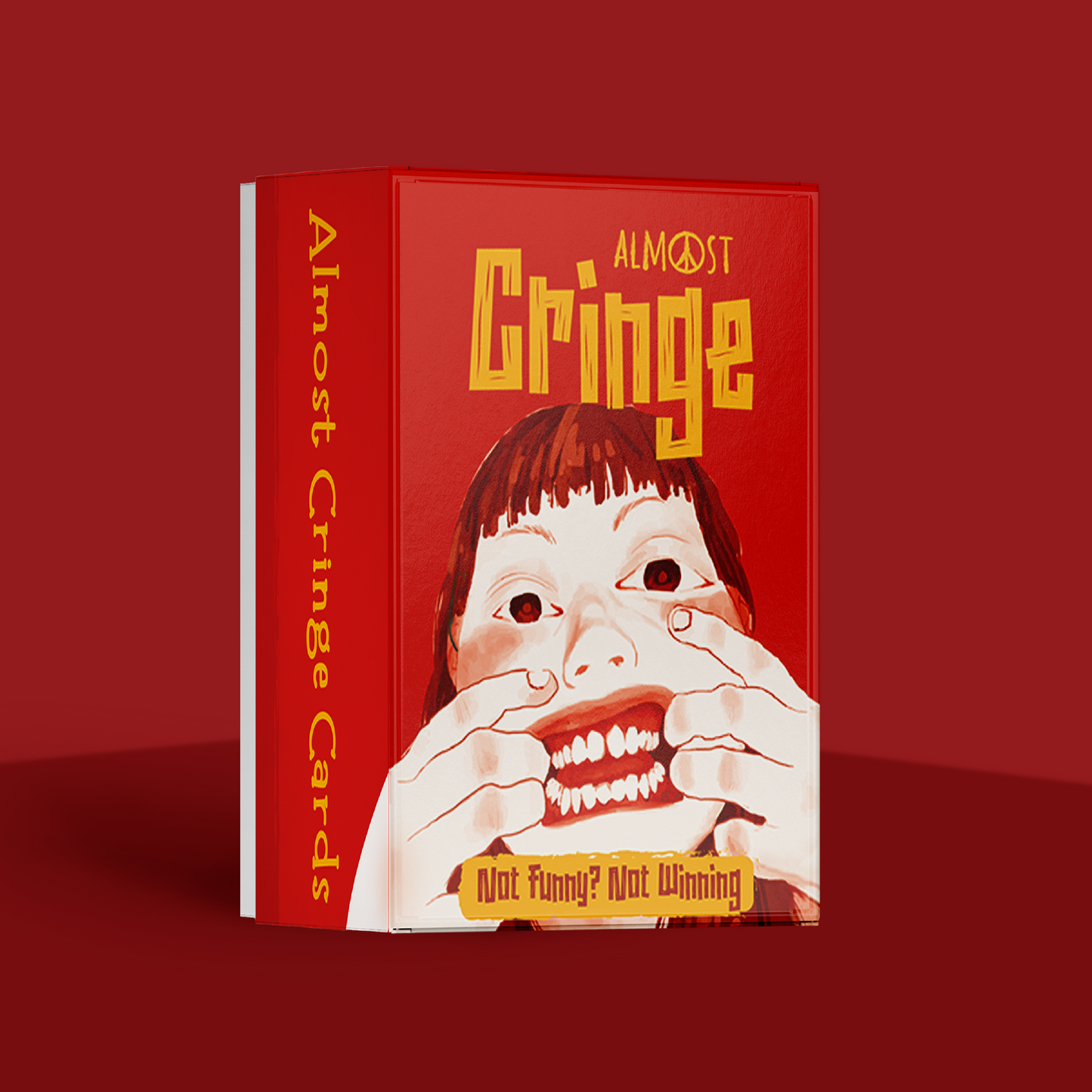Front & tilted view of a red card game box titled 'Almost Cringe' designed by Almost Hippie with a graphic of a person widening their mouth on a red background.
