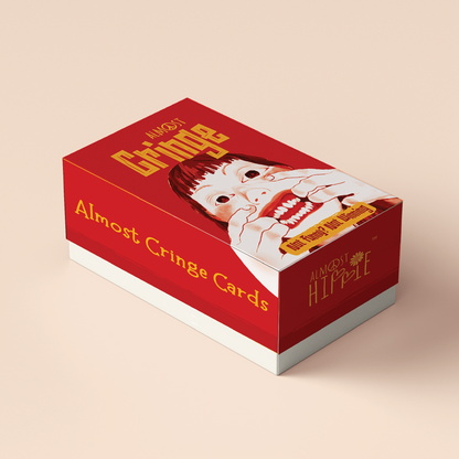 Almost Cringe card game box angled view by Almost Hippie, fun adult party game for house gatherings