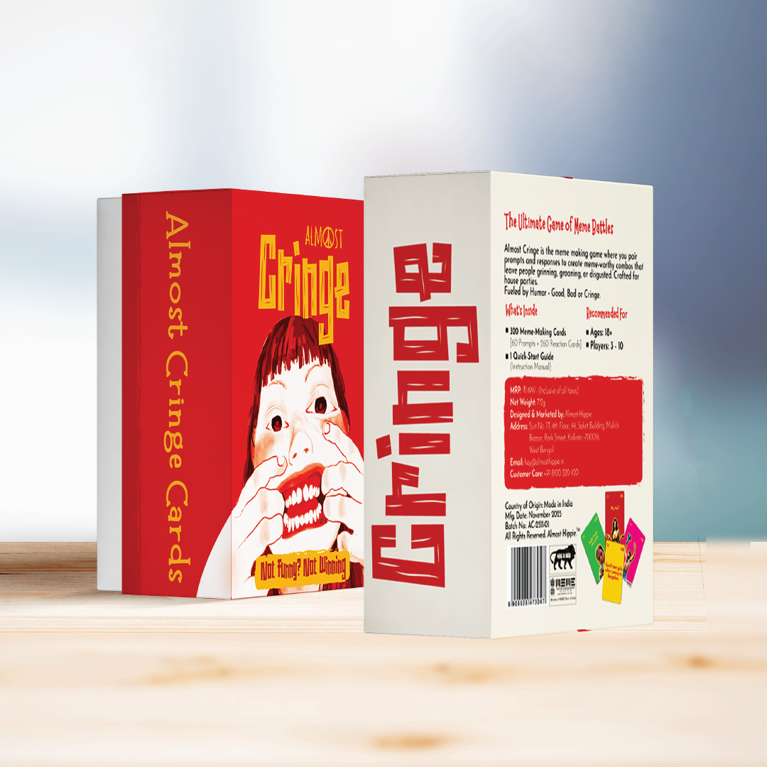 Almost Cringe card game box front and back view by Almost Hippie, adult party game for friends and groups