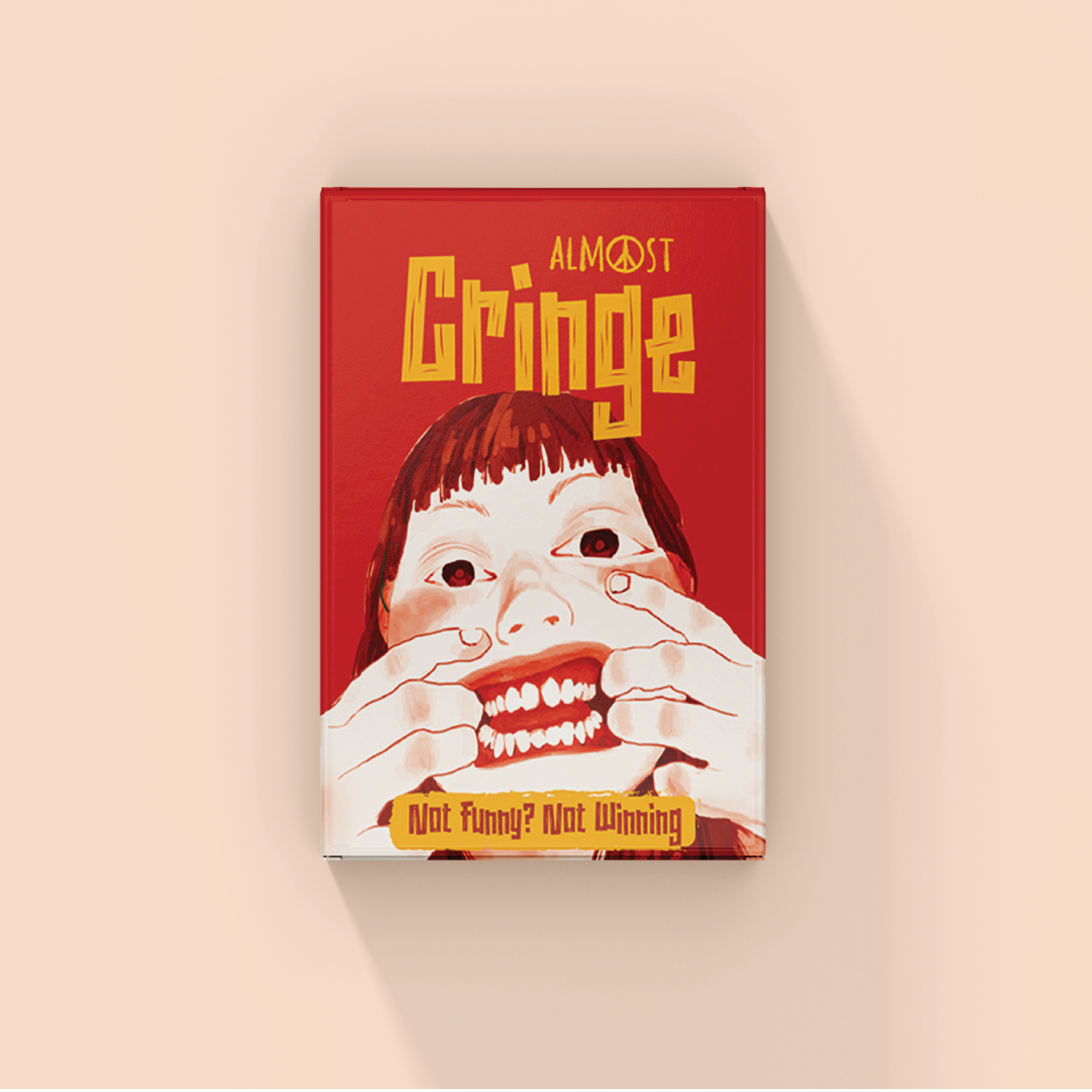 Almost Cringe card game box minimal design by Almost Hippie, quirky adult party game for friends, family, bachelors, girls gang & boys gang.