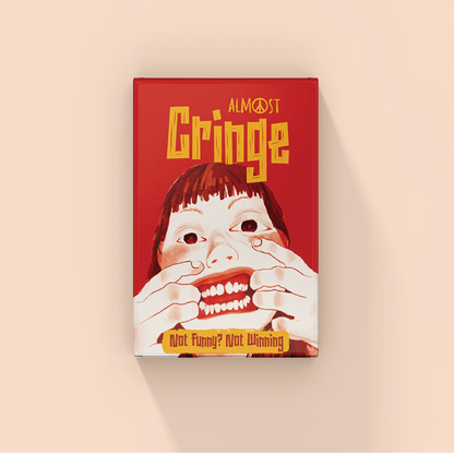 Almost Cringe card game box minimal design by Almost Hippie, quirky adult party game for friends, family, bachelors, girls gang & boys gang.