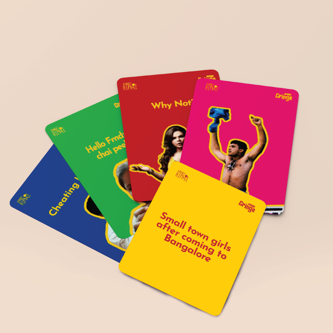 Almost Cringe card types showing prompt and response cards by Almost Hippie, adult party game for groups
