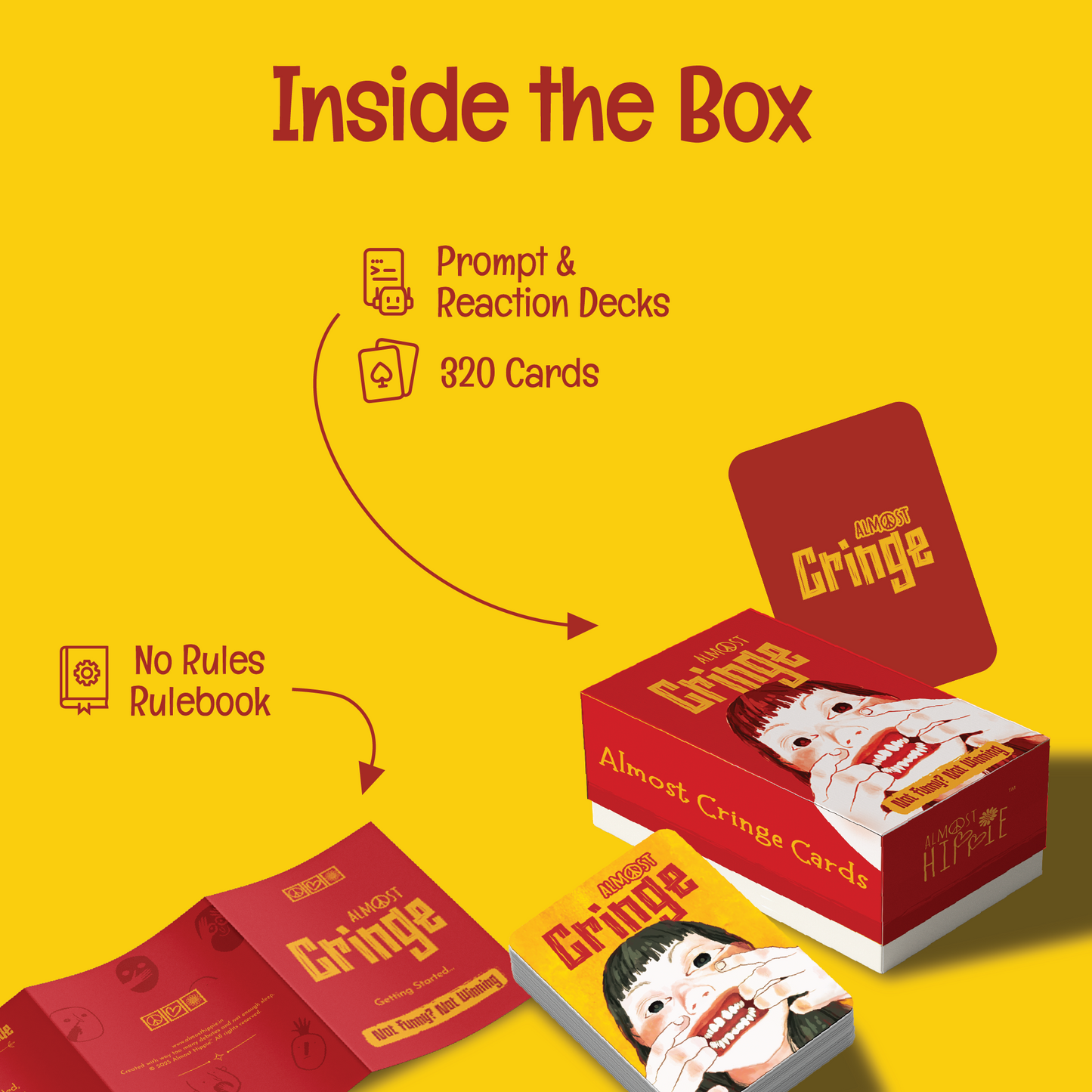 Almost Cringe card game contents showing cards, box & rulebook by Almost Hippie, fun adult party game for groups