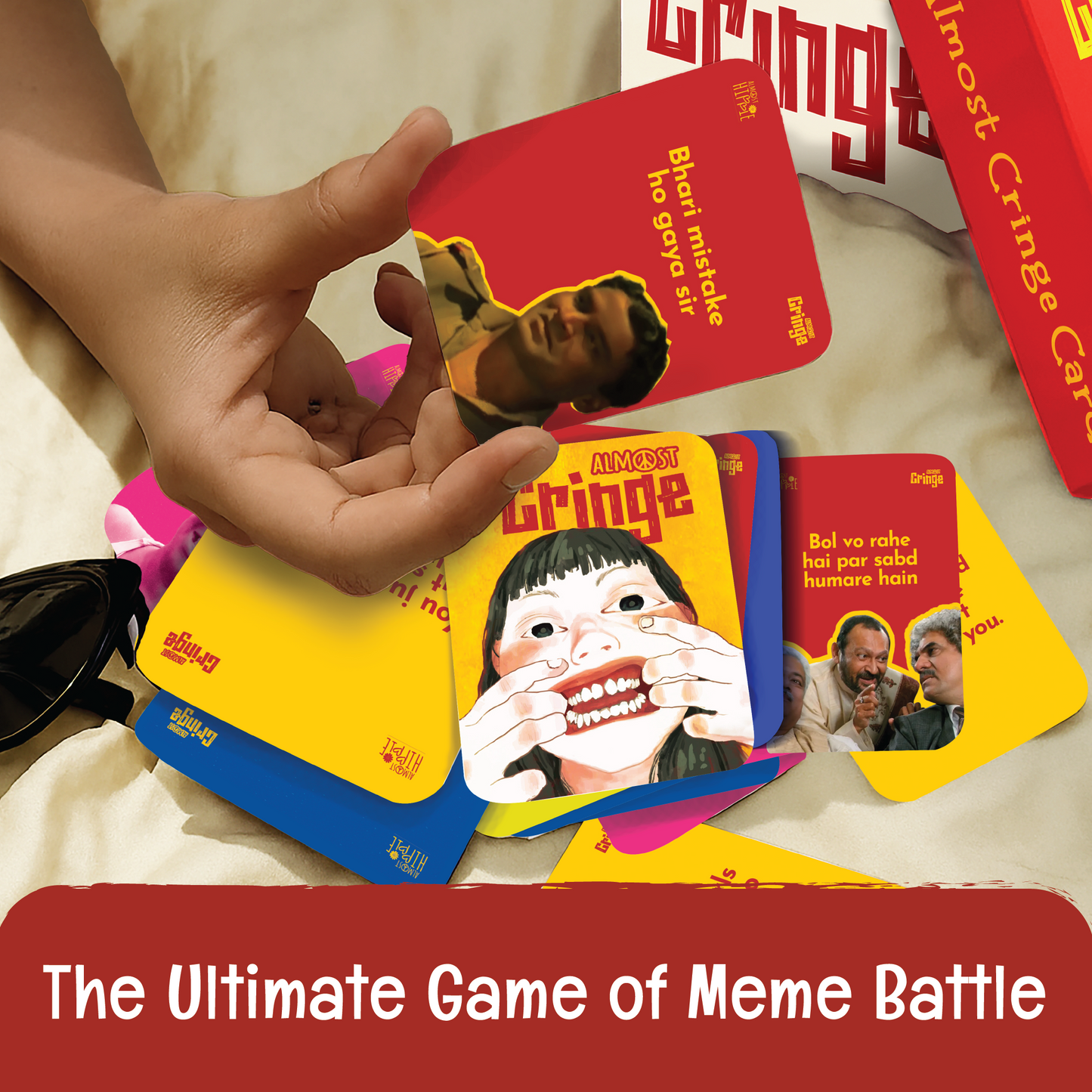 Almost Cringe real gameplay with players holding cards by Almost Hippie, fun adult party game for groups