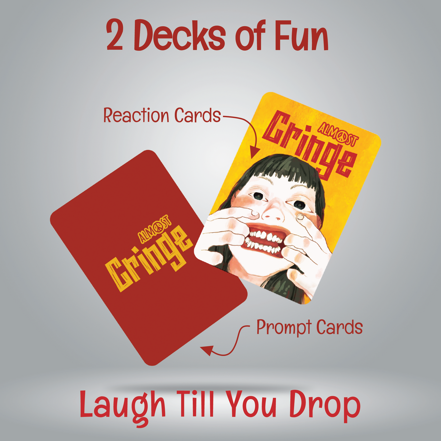 Almost Cringe card game with prompt and reaction decks by Almost Hippie, funny adult party game for friends