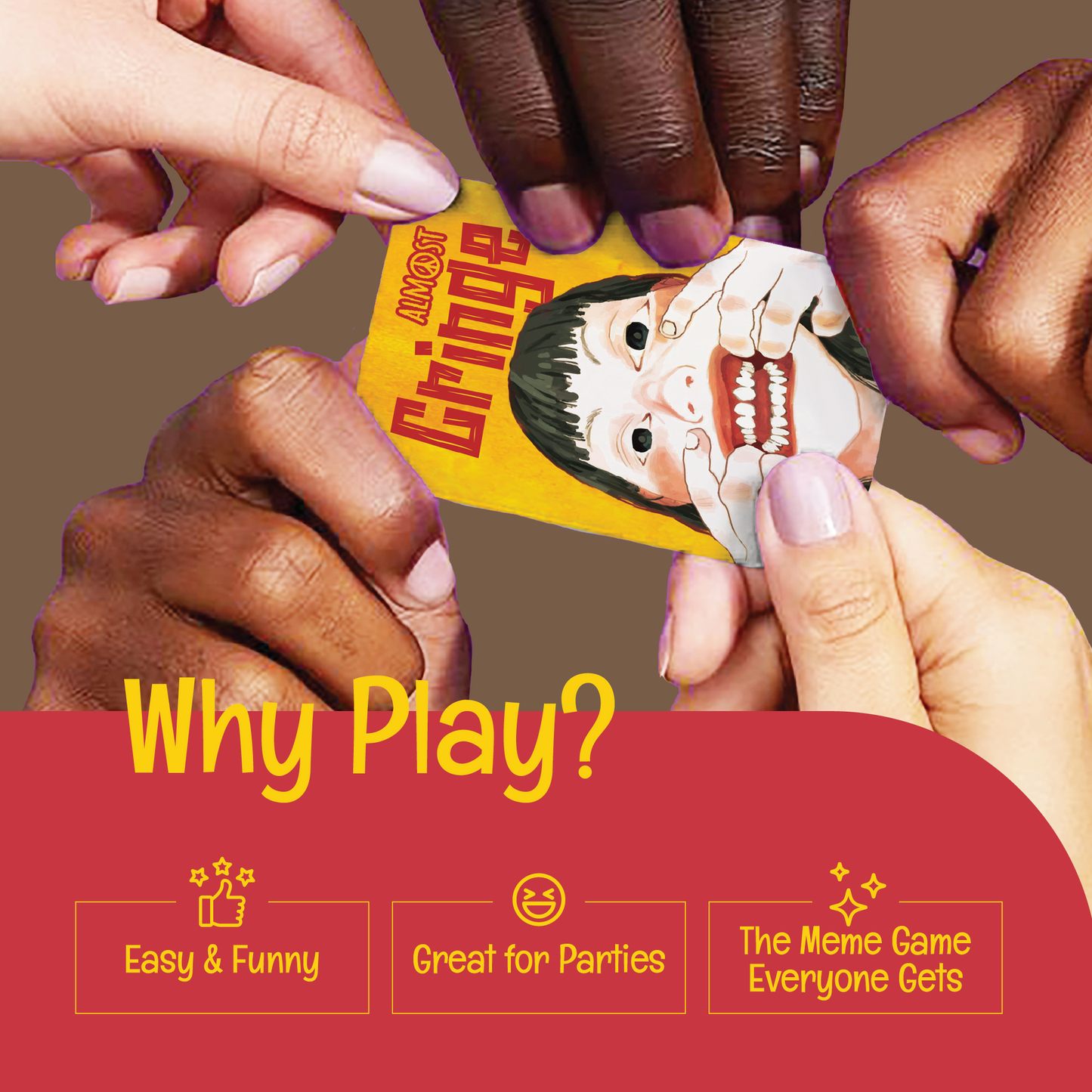 Almost Cringe party game why play image showing fun and laughter, adult card game by Almost Hippie