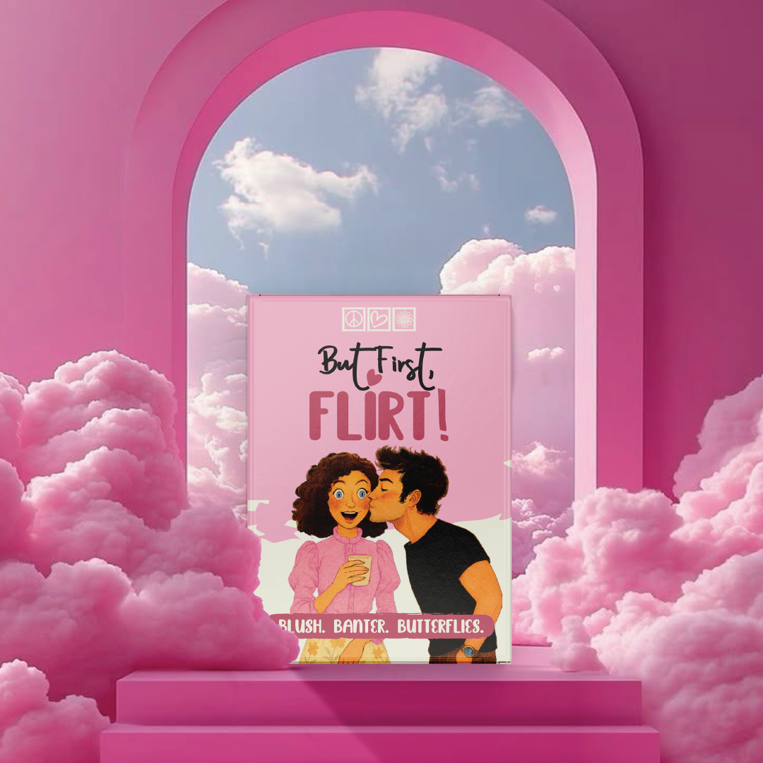 But First Flirt card game aesthetic display with pink theme by Almost Hippie, fun date night game for couples