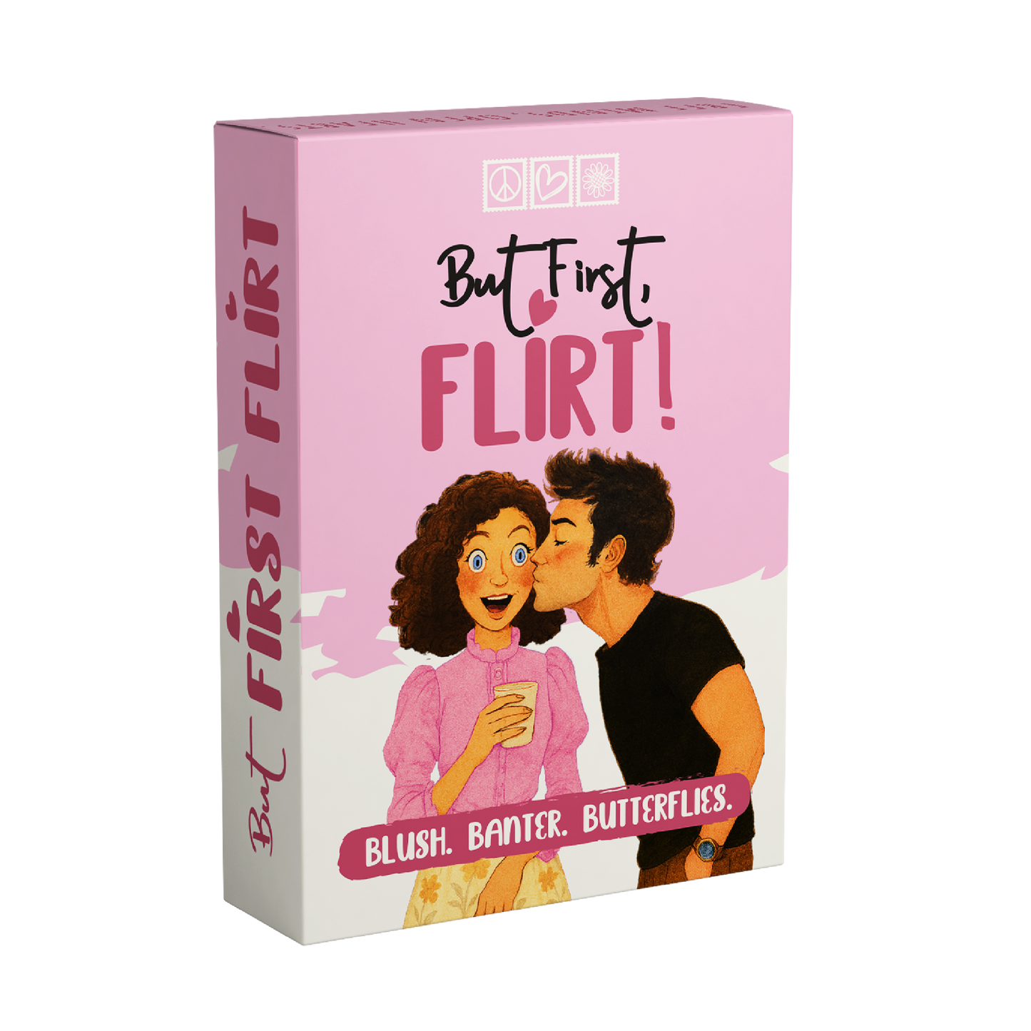 But First Flirt card game box angled view by Almost Hippie, romantic and playful card game for couples