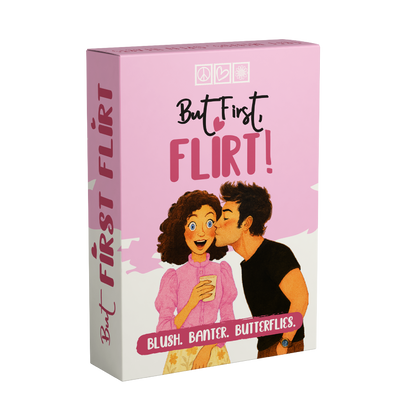 But First Flirt card game box angled view by Almost Hippie, romantic and playful card game for couples