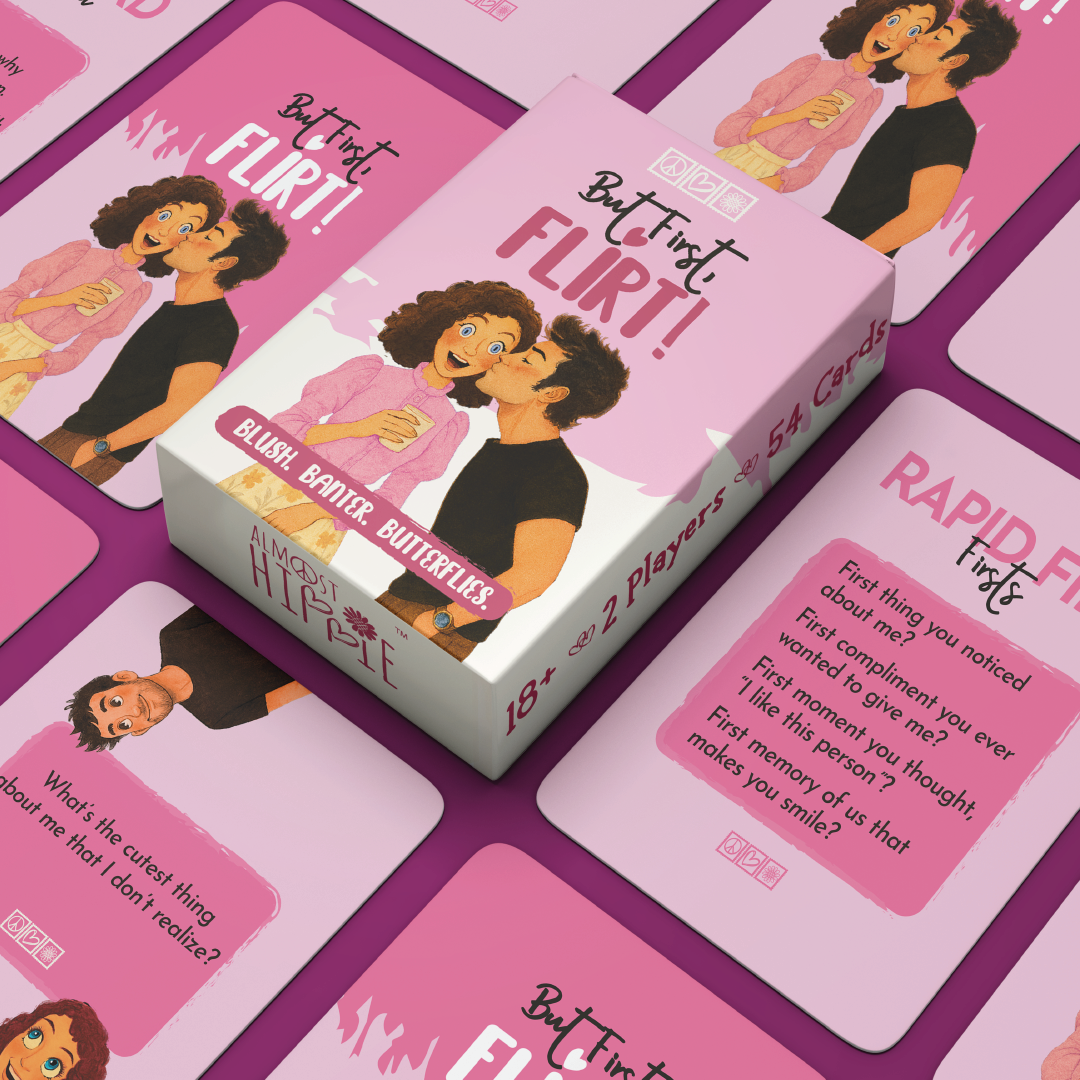 But First Flirt card game cards layout by Almost Hippie, playful conversation cards for couples and partners