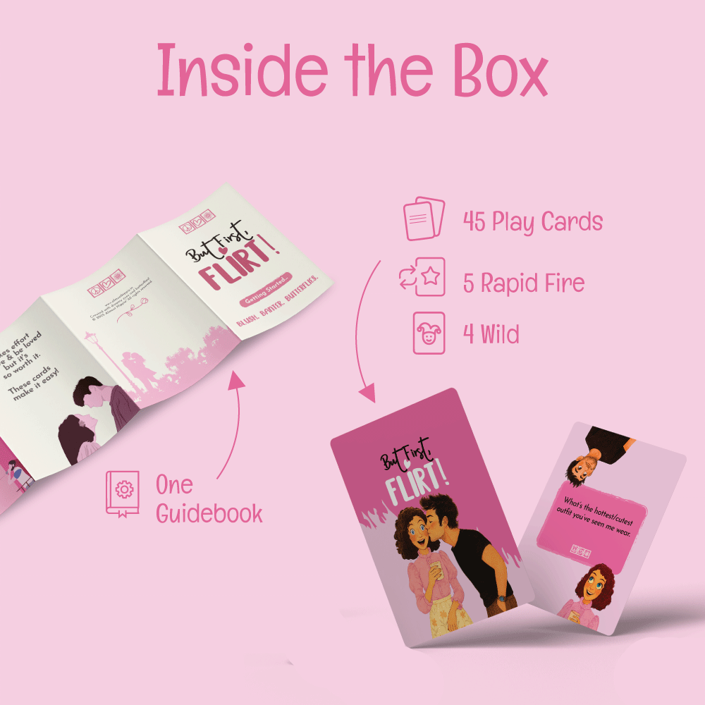 But First Flirt card game contents showing cards and guidebook by Almost Hippie, fun date night game