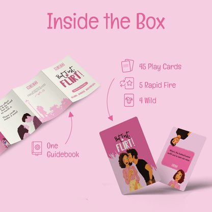 But First Flirt card game contents showing cards and guidebook by Almost Hippie, fun date night game