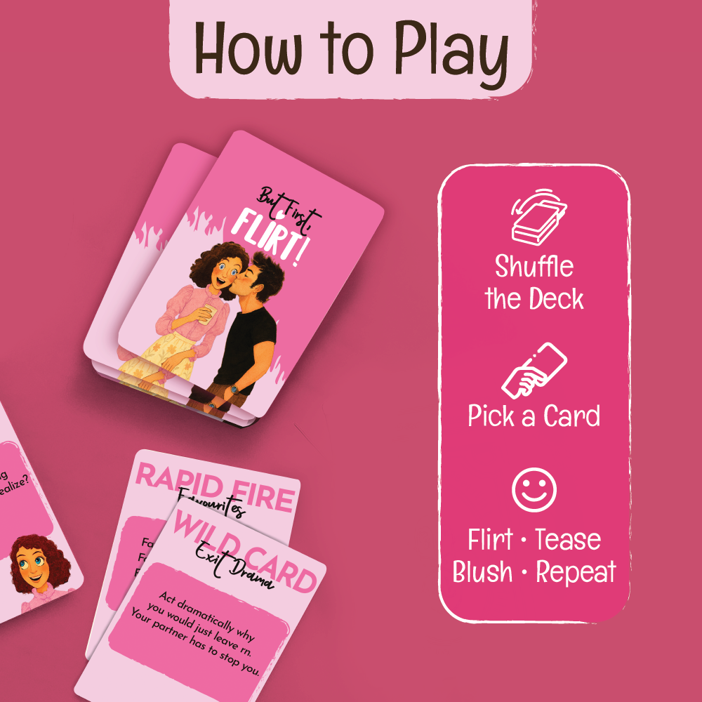 How to play But First Flirt card game by Almost Hippie, pick a card and flirt tease repeat for couples