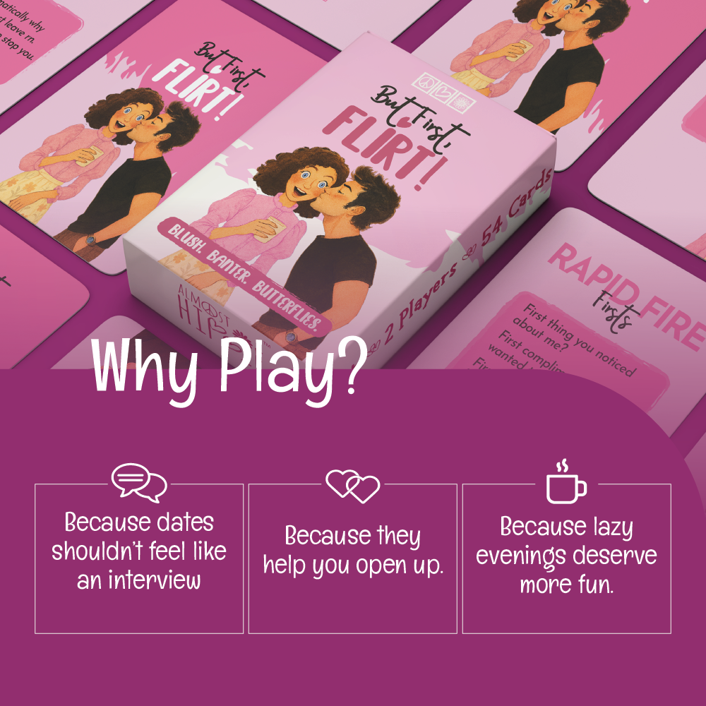 But First Flirt card game why play image showing fun and connection for couples by Almost Hippie