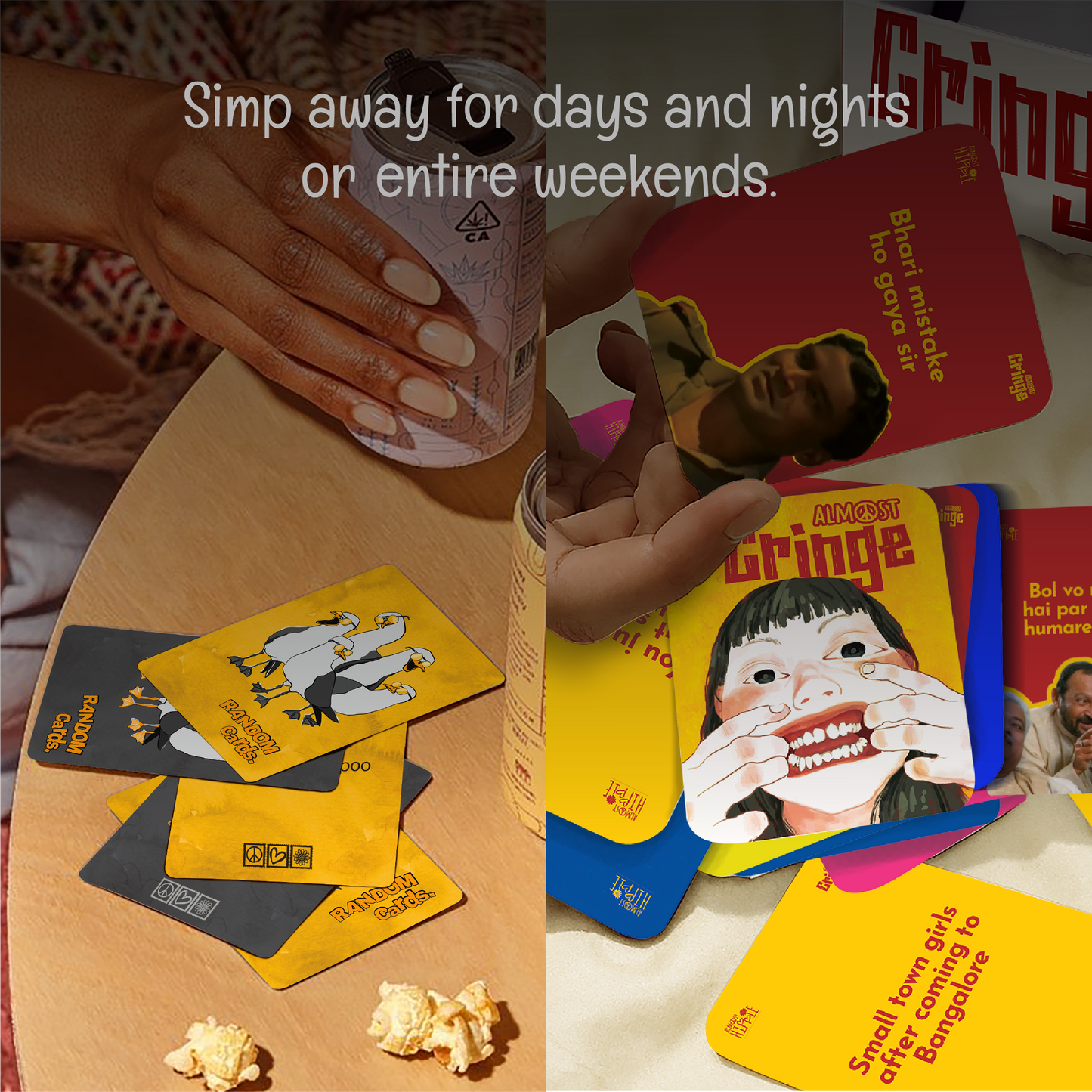 Ha Ha Hippie Box cards spread on table, entertaining party card games for weekends, sleepovers and group hangouts