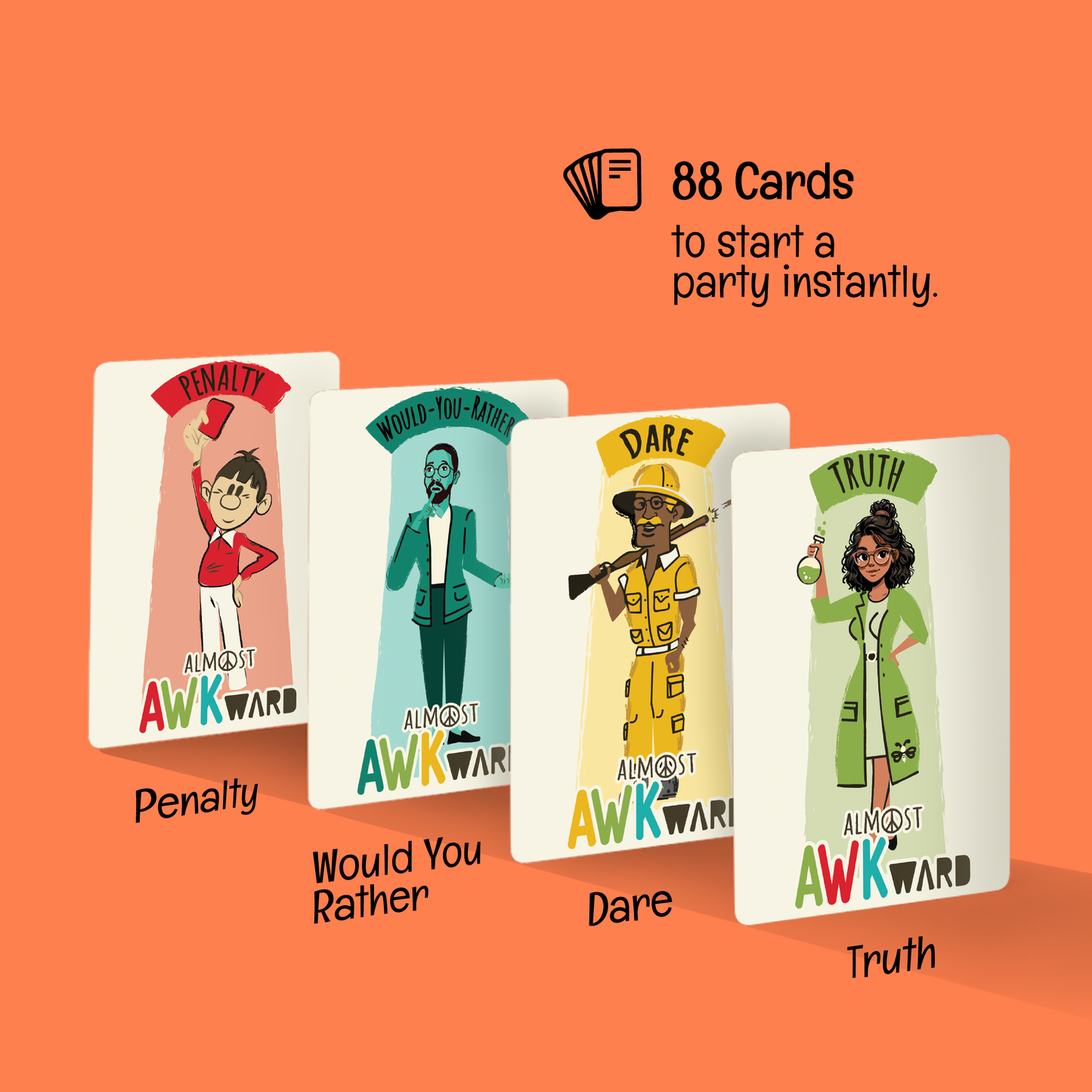 Party Starter Pack showing Almost Awkward truth dare and would you rather cards, fun icebreaker game for parties and groups