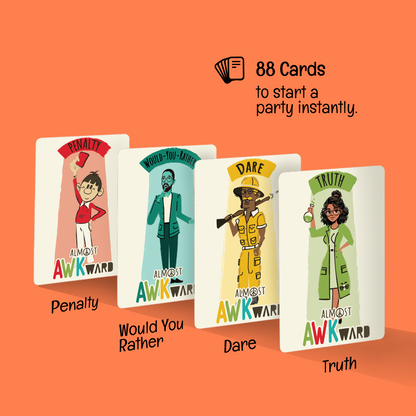 Party Starter Pack showing Almost Awkward truth dare and would you rather cards, fun icebreaker game for parties and groups