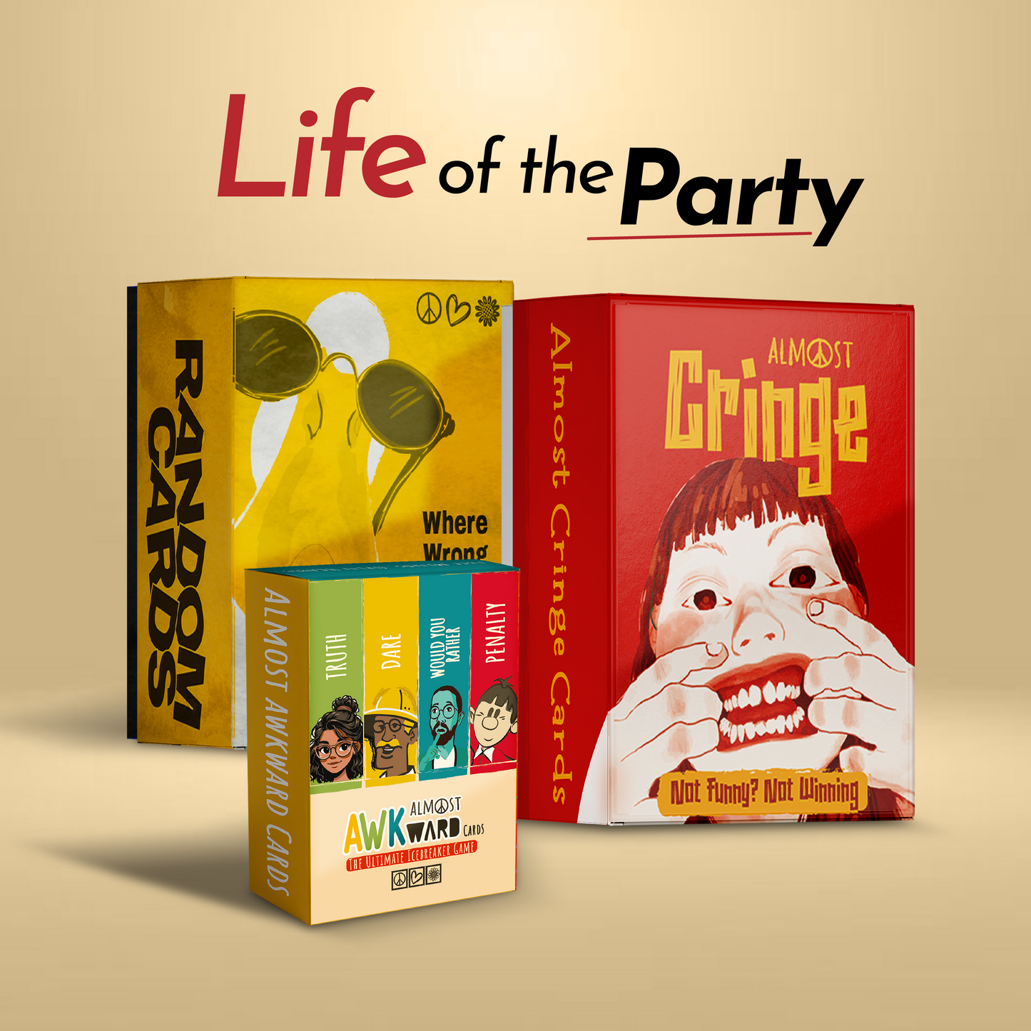Party Starter Pack by Almost Hippie featuring Random Cards, Almost Cringe and Almost Awkward, best party card games for friends, house parties and game nights