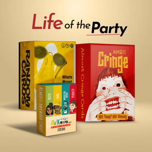 Party Starter Pack by Almost Hippie featuring Random Cards, Almost Cringe and Almost Awkward, best party card games for friends, house parties and game nights
