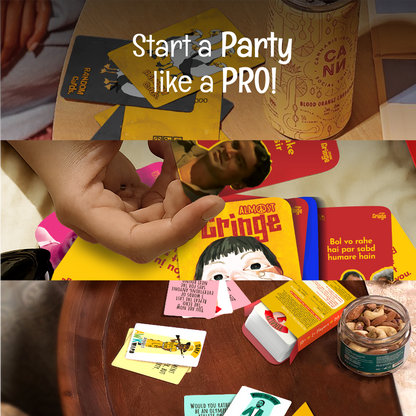 Party Starter Pack gameplay with cards on table, fun group games for house parties, birthdays and pre drinks nights