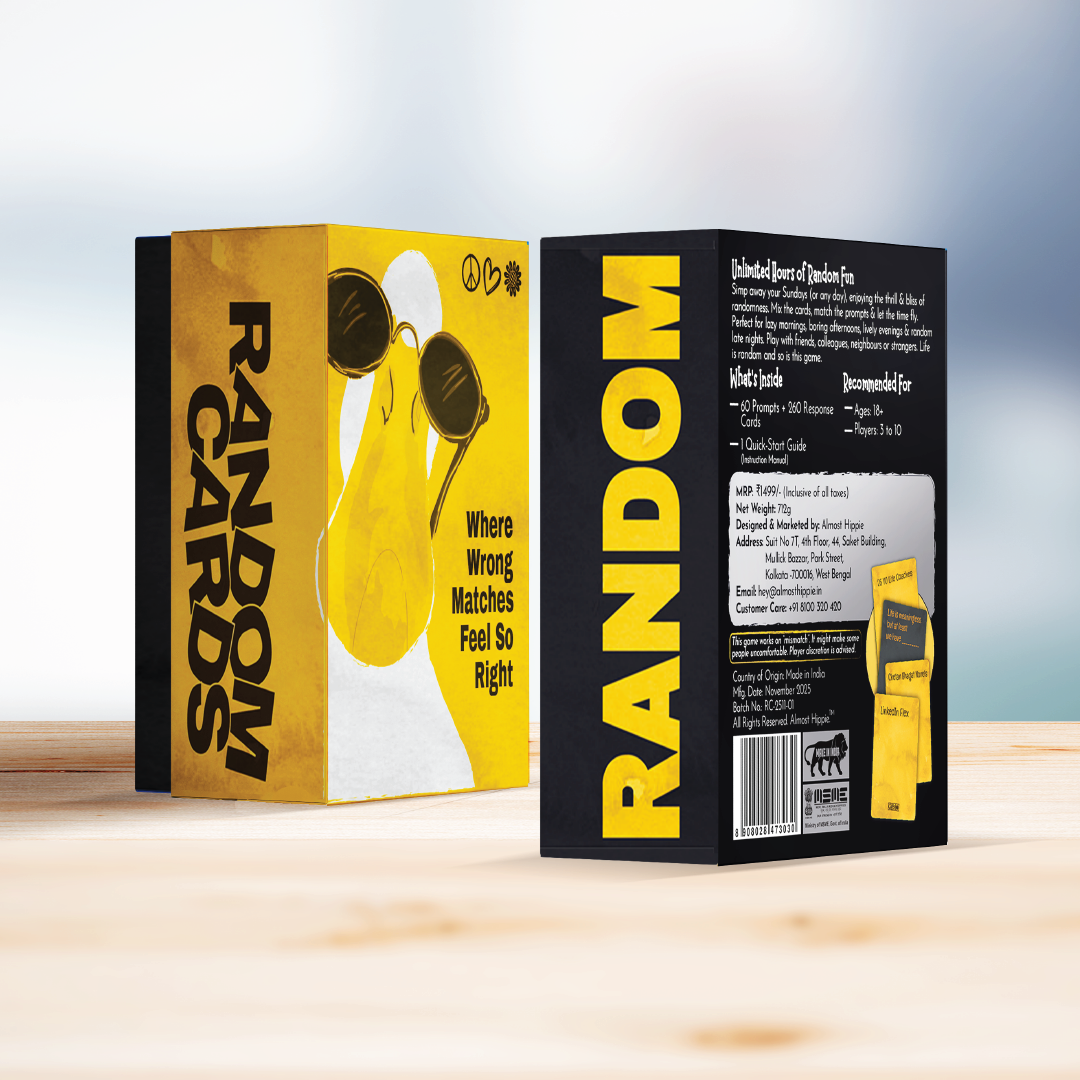 Almost Hippie Random Cards party game box showing front and back design, fun adult card game for friends and house parties