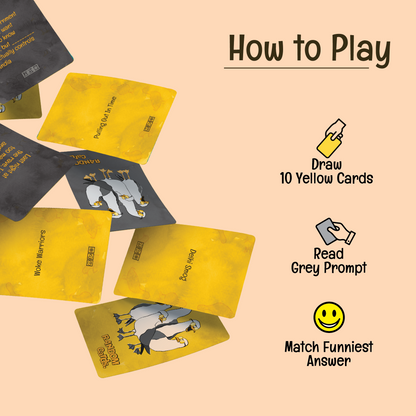 How to play Almost Hippie Random Cards party game, draw yellow cards, read prompt, match funniest answer, adult card game rules for friends