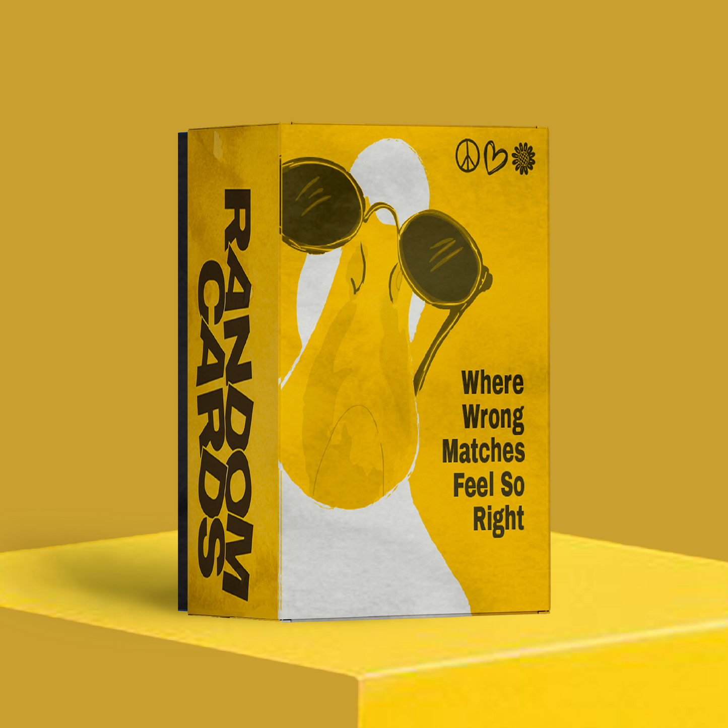 Almost Hippie Random Cards party game box with yellow aesthetic design, fun adult card game for friends, couples, and house parties