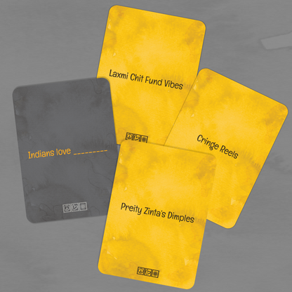 Almost Hippie Random Cards gameplay example showing one prompt card matched with multiple response cards, fun adult party card game for friends and big family groups