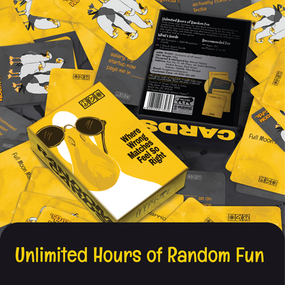 Almost Hippie Random Cards scattered gameplay cards and box, unlimited fun adult party game for friends, families and group gatherings
