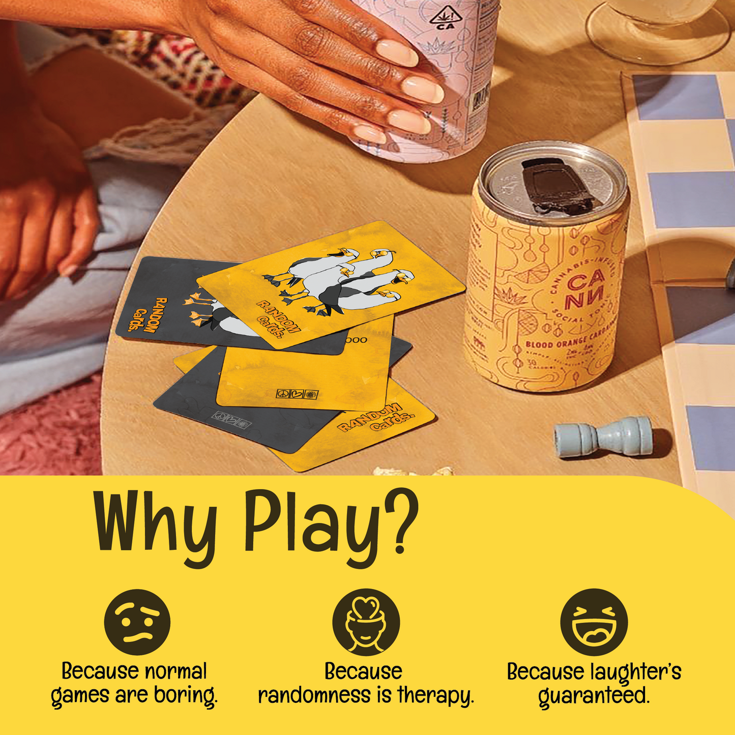 Almost Hippie Random Cards party game on table with friends setting, fun adult card game with laughter, randomness and casual gameplay vibe