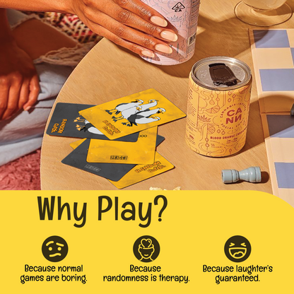Almost Hippie Random Cards party game on table with friends setting, fun adult card game with laughter, randomness and casual gameplay vibe