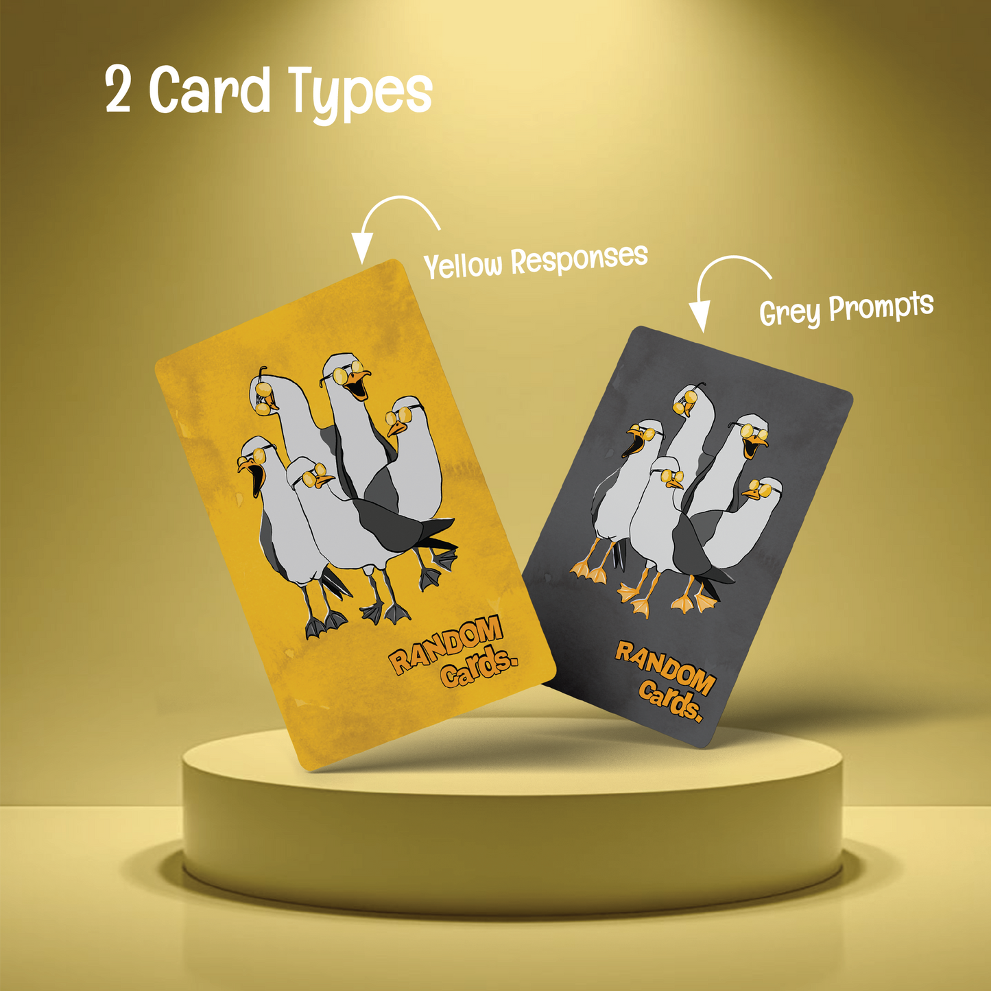 Almost Hippie Random Cards showing two card types, yellow response cards and grey prompt cards, adult party game for friends and groups