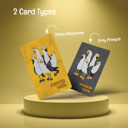 Almost Hippie Random Cards showing two card types, yellow response cards and grey prompt cards, adult party game for friends and groups
