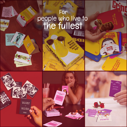 The Big Stash lifestyle collage showing party games, couples games and fun group moments with card games