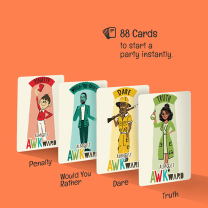 The Perfect Host Pack showing Almost Awkward truth dare and would you rather cards, fun icebreaker game for parties