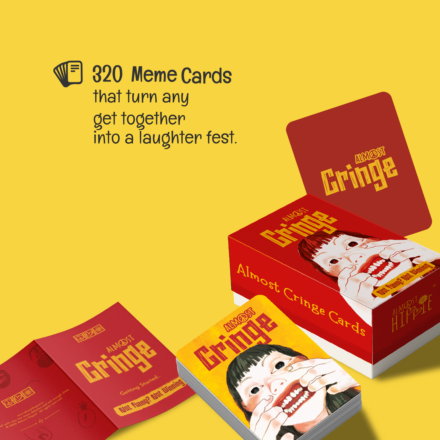 The Perfect Host Pack showing Almost Cringe meme cards, funny adult party card game for groups and friends